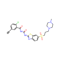 C#Cc1ccc(Cl)c(C(=O)NC(=O)Nc2nc3ccc(S(=O)(=O)CCCN4CCN(C)CC4)cc3s2)c1 ZINC000117106187