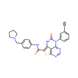 C#Cc1cccc(-n2c(=O)[nH]c3c(C(=O)Nc4ccc(CN5CCCC5)cc4)sc4ncnc2c43)c1 ZINC000146780550