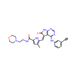 C#Cc1cccc(Nc2ncnc3c2/C(=C/c2[nH]c(C(=O)NCCN4CCOCC4)cc2C)C(=O)N3)c1 ZINC000013445463