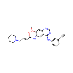 C#Cc1cccc(Nc2ncnc3cc(OC)c(NC(=O)/C=C/CN4CCCCC4)cc23)c1 ZINC000145569213