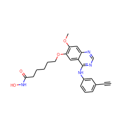 C#Cc1cccc(Nc2ncnc3cc(OC)c(OCCCCCC(=O)NO)cc23)c1 ZINC000045364546