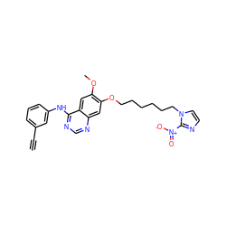 C#Cc1cccc(Nc2ncnc3cc(OCCCCCCn4ccnc4[N+](=O)[O-])c(OC)cc23)c1 ZINC000299823655