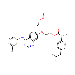 C#Cc1cccc(Nc2ncnc3cc(OCCOC(=O)[C@H](C)c4ccc(CC(C)C)cc4)c(OCCOC)cc23)c1 ZINC000205433252