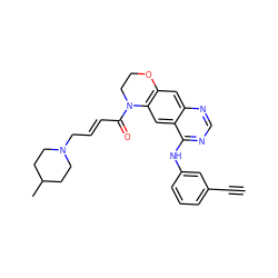 C#Cc1cccc(Nc2ncnc3cc4c(cc23)N(C(=O)/C=C/CN2CCC(C)CC2)CCO4)c1 ZINC000103270799