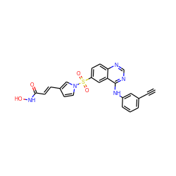 C#Cc1cccc(Nc2ncnc3ccc(S(=O)(=O)n4ccc(/C=C/C(=O)NO)c4)cc23)c1 ZINC000146927571