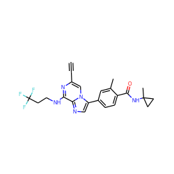 C#Cc1cn2c(-c3ccc(C(=O)NC4(C)CC4)c(C)c3)cnc2c(NCCC(F)(F)F)n1 ZINC000146947376