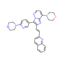 C(=C/c1nc2c(N3CCOCC3)ccnn2c1-c1ccc(N2CCNCC2)nc1)\c1ccc2ccccc2n1 ZINC001772607166