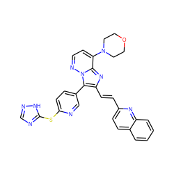 C(=C/c1nc2c(N3CCOCC3)ccnn2c1-c1ccc(Sc2ncn[nH]2)nc1)\c1ccc2ccccc2n1 ZINC000223026671