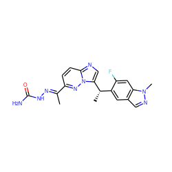 C/C(=N\NC(N)=O)c1ccc2ncc([C@@H](C)c3cc4cnn(C)c4cc3F)n2n1 ZINC000096169179