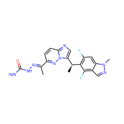 C/C(=N\NC(N)=O)c1ccc2ncc([C@H](C)c3c(F)cc4c(cnn4C)c3F)n2n1 ZINC000096169143