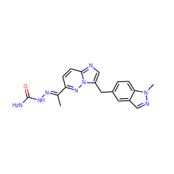 C/C(=N\NC(N)=O)c1ccc2ncc(Cc3ccc4c(cnn4C)c3)n2n1 ZINC000096169182