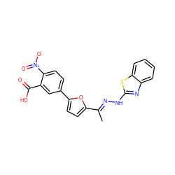 C/C(=N\Nc1nc2ccccc2s1)c1ccc(-c2ccc([N+](=O)[O-])c(C(=O)O)c2)o1 ZINC000096272591