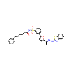 C/C(=N\Nc1nc2ccccc2s1)c1ccc(-c2cccc(S(=O)(=O)NC(=O)CCCCCc3ccccc3)c2)o1 ZINC000098208978