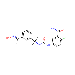 C/C(=N\O)c1cccc(C(C)(C)NC(=O)Nc2ccc(Cl)c(C(N)=O)c2)c1 ZINC000095574658