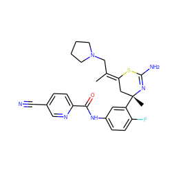 C/C(CN1CCCC1)=C1\C[C@@](C)(c2cc(NC(=O)c3ccc(C#N)cn3)ccc2F)N=C(N)S1 ZINC000147123676