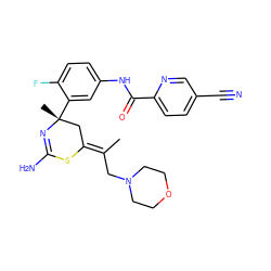 C/C(CN1CCOCC1)=C1\C[C@@](C)(c2cc(NC(=O)c3ccc(C#N)cn3)ccc2F)N=C(N)S1 ZINC000147033440