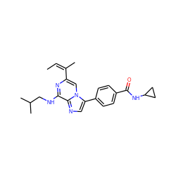 C/C=C(/C)c1cn2c(-c3ccc(C(=O)NC4CC4)cc3)cnc2c(NCC(C)C)n1 ZINC000169162898