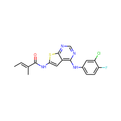 C/C=C(\C)C(=O)Nc1cc2c(Nc3ccc(F)c(Cl)c3)ncnc2s1 ZINC000169311813