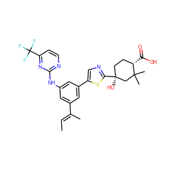 C/C=C(\C)c1cc(Nc2nccc(C(F)(F)F)n2)cc(-c2cnc([C@@]3(O)CC[C@H](C(=O)O)C(C)(C)C3)s2)c1 ZINC000221425183