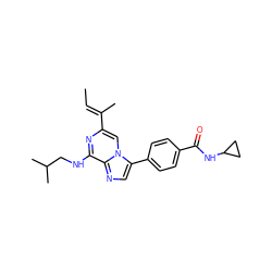 C/C=C(\C)c1cn2c(-c3ccc(C(=O)NC4CC4)cc3)cnc2c(NCC(C)C)n1 ZINC000169162578