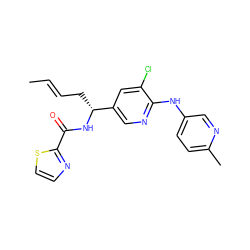 C/C=C/C[C@@H](NC(=O)c1nccs1)c1cnc(Nc2ccc(C)nc2)c(Cl)c1 ZINC000473108250