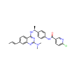 C/C=C/c1ccc2c(N[C@@H](C)c3ccc(NC(=O)c4ccc(Cl)nc4)cc3)nc(N(C)C)nc2c1 ZINC000142704458