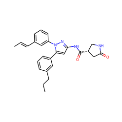 C/C=C/c1cccc(-n2nc(NC(=O)[C@@H]3CNC(=O)C3)cc2-c2cccc(CCC)c2)c1 ZINC000169707401