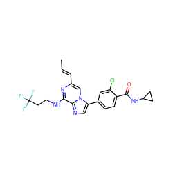 C/C=C/c1cn2c(-c3ccc(C(=O)NC4CC4)c(Cl)c3)cnc2c(NCCC(F)(F)F)n1 ZINC000169188094