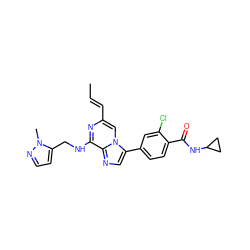 C/C=C/c1cn2c(-c3ccc(C(=O)NC4CC4)c(Cl)c3)cnc2c(NCc2ccnn2C)n1 ZINC000169208798