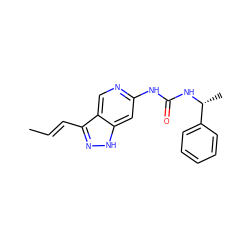 C/C=C/c1n[nH]c2cc(NC(=O)N[C@H](C)c3ccccc3)ncc12 ZINC000205425403