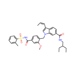 C/C=C\c1cn(Cc2ccc(C(=O)NS(=O)(=O)c3ccccc3C)cc2OC)c2cc(C(=O)NCC(CC)CC)ccc12 ZINC000027326292