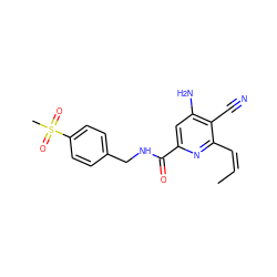 C/C=C\c1nc(C(=O)NCc2ccc(S(C)(=O)=O)cc2)cc(N)c1C#N ZINC000038145059