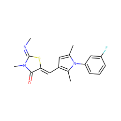 C/N=C1\S/C(=C\c2cc(C)n(-c3cccc(F)c3)c2C)C(=O)N1C ZINC000073218584