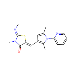 C/N=C1\S/C(=C\c2cc(C)n(-c3ccccn3)c2C)C(=O)N1C ZINC000073141287