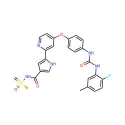 C=[S@@](C)(=O)NC(=O)c1c[nH]c(-c2cc(Oc3ccc(NC(=O)Nc4cc(C)ccc4F)cc3)ccn2)c1 ZINC000169699260