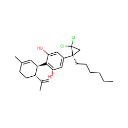 C=C(C)[C@@H]1CCC(C)=C[C@H]1c1c(O)cc([C@]2(CCCCCC)CC2(Cl)Cl)cc1O ZINC000028826591