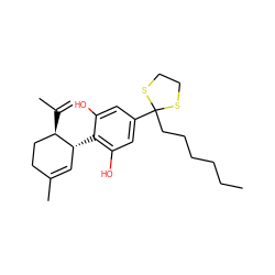 C=C(C)[C@@H]1CCC(C)=C[C@H]1c1c(O)cc(C2(CCCCCC)SCCS2)cc1O ZINC000013779277