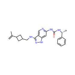 C=C(C)C1CC(CNc2n[nH]c3cc(NC(=O)N[C@H](C)c4ccccc4)ncc23)C1 ZINC001772584913