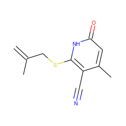 C=C(C)CSc1[nH]c(=O)cc(C)c1C#N ZINC000013556595