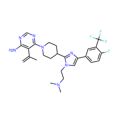 C=C(C)c1c(N)ncnc1N1CCC(c2nc(-c3ccc(F)c(C(F)(F)F)c3)cn2CCN(C)C)CC1 ZINC000219091319