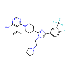 C=C(C)c1c(N)ncnc1N1CCC(c2nc(-c3ccc(F)c(C(F)(F)F)c3)cn2CCN2CCCC2)CC1 ZINC001772634399