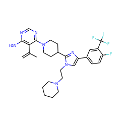 C=C(C)c1c(N)ncnc1N1CCC(c2nc(-c3ccc(F)c(C(F)(F)F)c3)cn2CCN2CCCCC2)CC1 ZINC000219750686