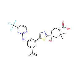 C=C(C)c1cc(Nc2nccc(C(F)(F)F)n2)cc(-c2cnc([C@@]3(O)CC[C@H](C(=O)O)C(C)(C)C3)s2)c1 ZINC000221438455