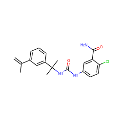 C=C(C)c1cccc(C(C)(C)NC(=O)Nc2ccc(Cl)c(C(N)=O)c2)c1 ZINC000095575255