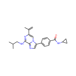 C=C(C)c1cn2c(-c3ccc(C(=O)NC4CC4)cc3)cnc2c(NCC(C)C)n1 ZINC000200659387