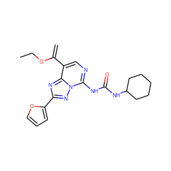 C=C(OCC)c1cnc(NC(=O)NC2CCCCC2)n2nc(-c3ccco3)nc12 ZINC000299833248