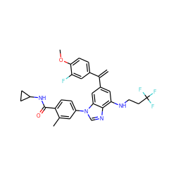 C=C(c1ccc(OC)c(F)c1)c1cc(NCCC(F)(F)F)c2ncn(-c3ccc(C(=O)NC4CC4)c(C)c3)c2c1 ZINC000147648338