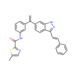 C=C(c1cccc(NC(=O)c2ncc(C)s2)c1)c1ccc2c(/C=C/c3ccccc3)n[nH]c2c1 ZINC000142802928