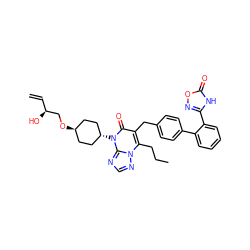 C=C[C@H](O)CO[C@H]1CC[C@H](n2c(=O)c(Cc3ccc(-c4ccccc4-c4noc(=O)[nH]4)cc3)c(CCC)n3ncnc32)CC1 ZINC000261156452