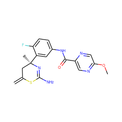 C=C1C[C@@](C)(c2cc(NC(=O)c3cnc(OC)cn3)ccc2F)N=C(N)S1 ZINC000068197553